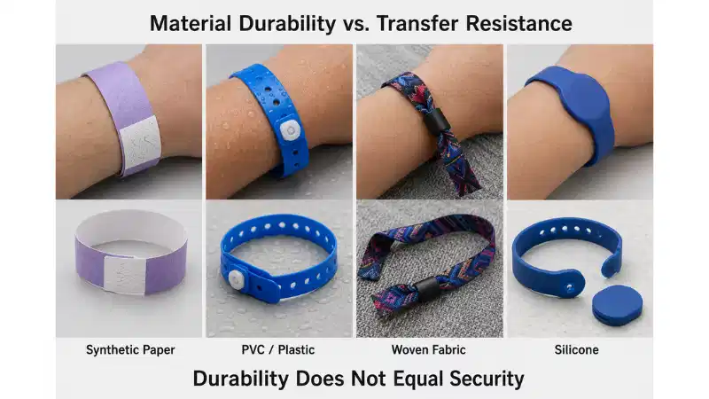 Comparison of synthetic paper, PVC, woven fabric and silicone event wristbands showing material durability and closure security Comparison of synthetic paper, PVC, woven fabric and silicone event wristbands showing material durability and closure security